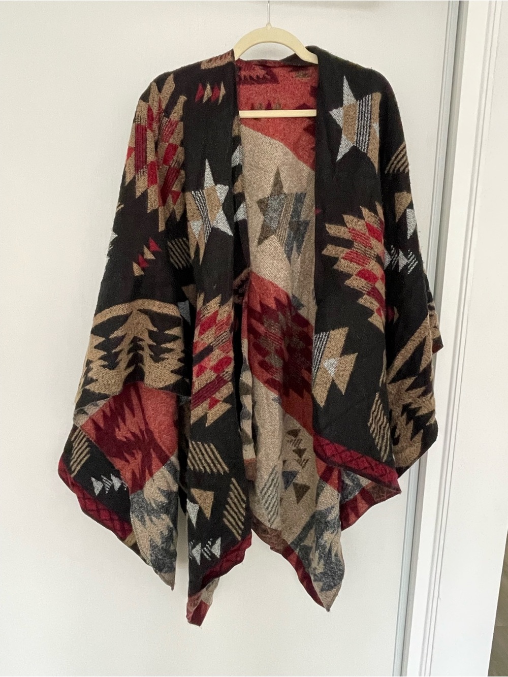 Aztec-Print Open-Front Cape in Black, Red & Tan Poncho